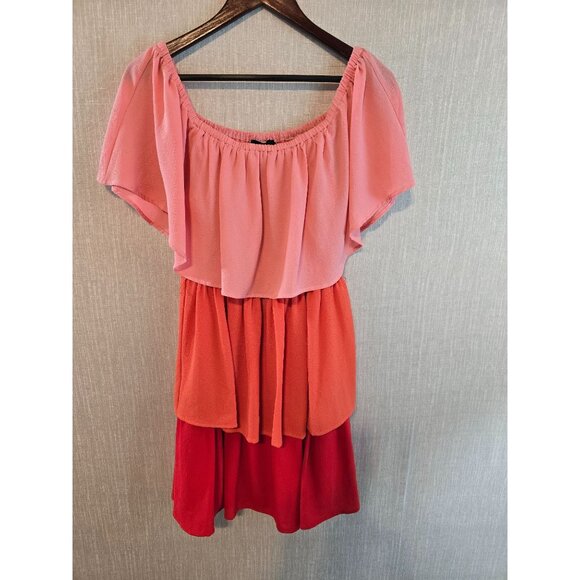 Vici Tiered Off-Shoulder Colorblock Dress Size M Pink Orange Red Polyester Spand - Picture 3 of 12